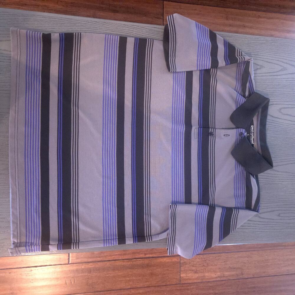 Mens Lg. Great Northwest Polo . BLK, Grey And Purple Striped.